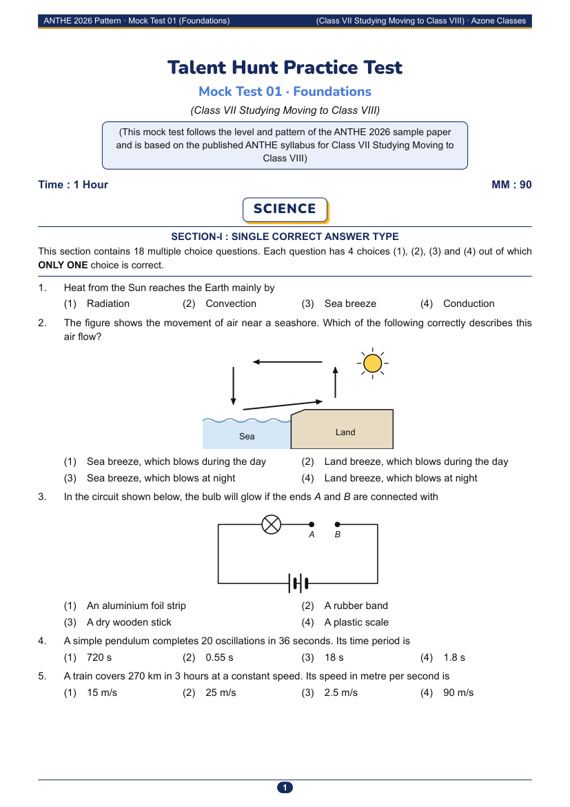 Sample page of questions with diagrams from the Class 7 ANTHE pattern mock test